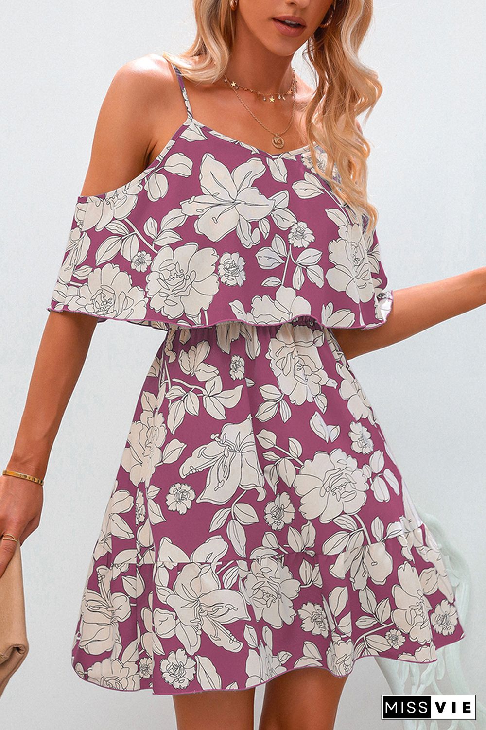 Floral Print Slip Ruffles Chiffon Dress Wholesale