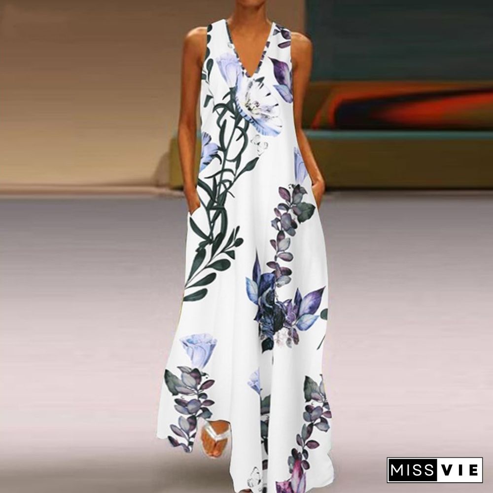 Printed Deep V-neck Dress Sleeveless A-word Large Size Long Dress White Dresses