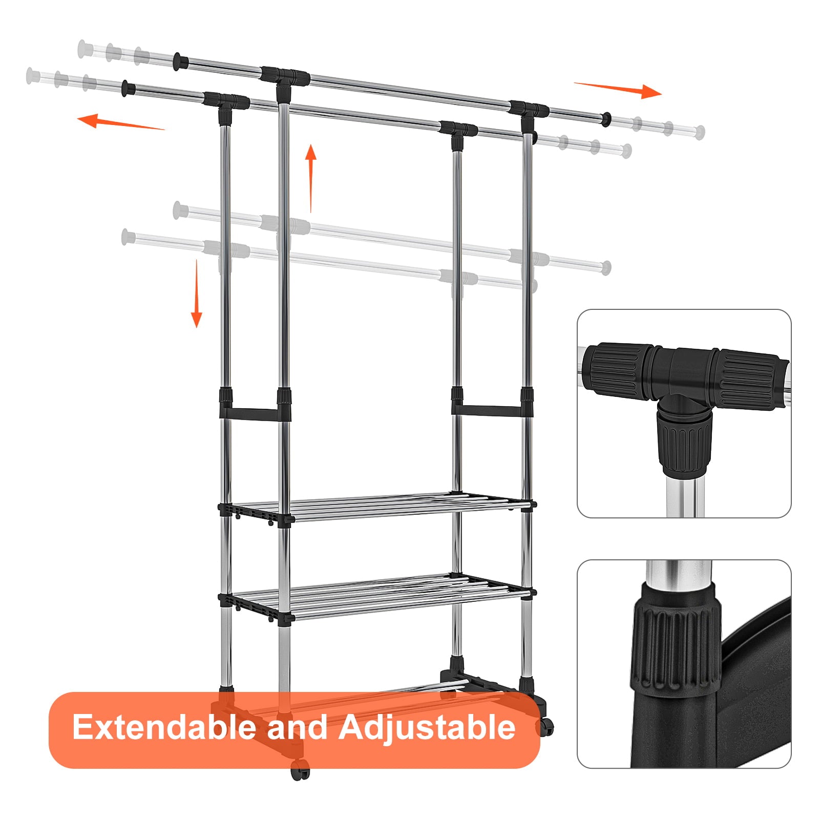 Resenkos Adjustable Garment Rack with 2 Tier Metal Shelf for Shoes Boxes, Rolling Clothes Organizer, High Capacity, Stainless Steel, Heavy Duty