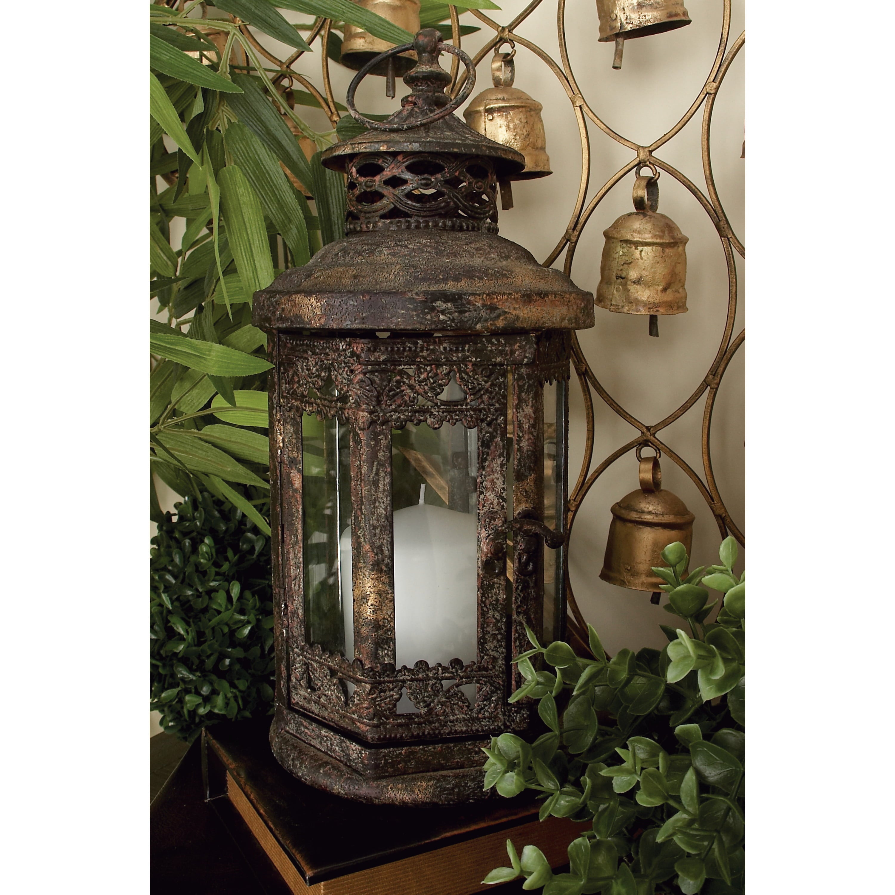 DecMode Brown Metal Candle Lantern with Intricate Scroll Work