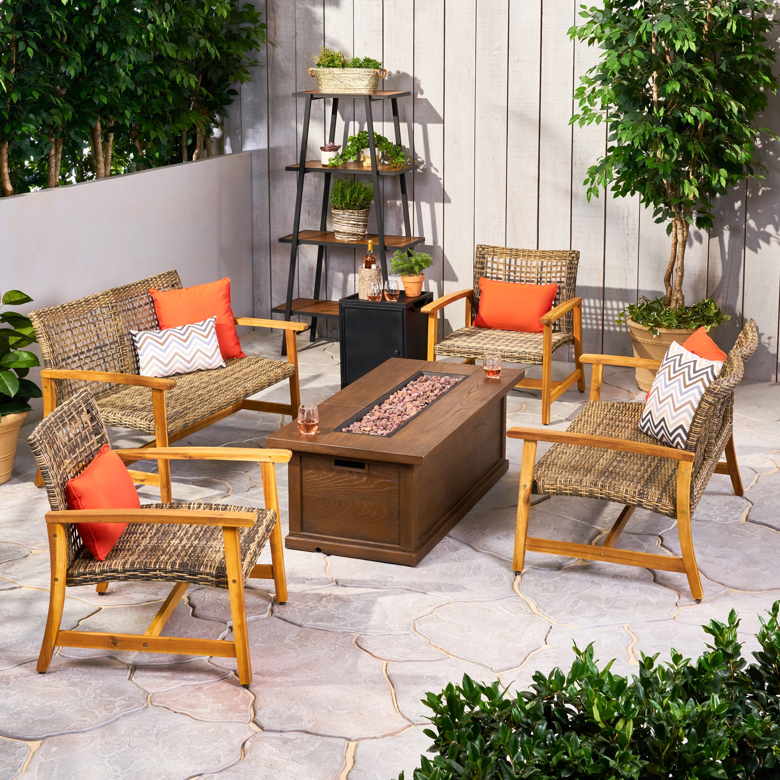 Rachel Outdoor 6 Piece Wood and Wicker Chat Set with Fire Pit