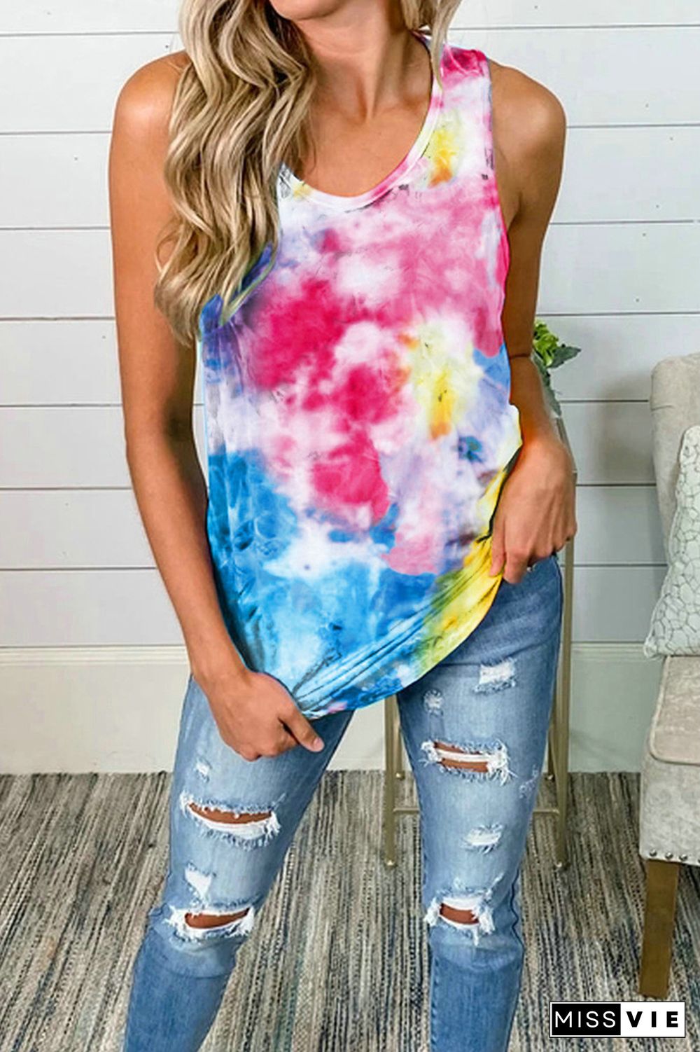 Rose Red Tie-dye Round Collar Knot Tank Top