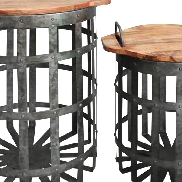 Industrial Grid Galvanized Accent End Table with Round Lid and Handles， Set of 2， Gray and Brown