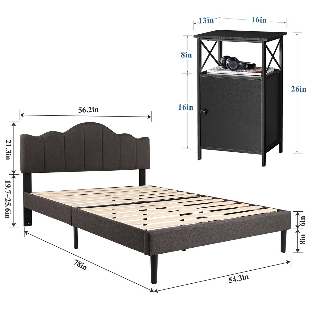 Taomika Modern Bedroom Set of 3 with Height Adjustable Upholstered Bed and Nightstands Set of 2