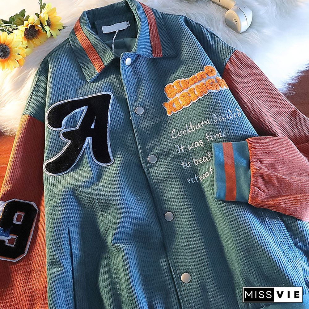 Flocked Embroidered Colorblock Corduroy Baseball Jacket