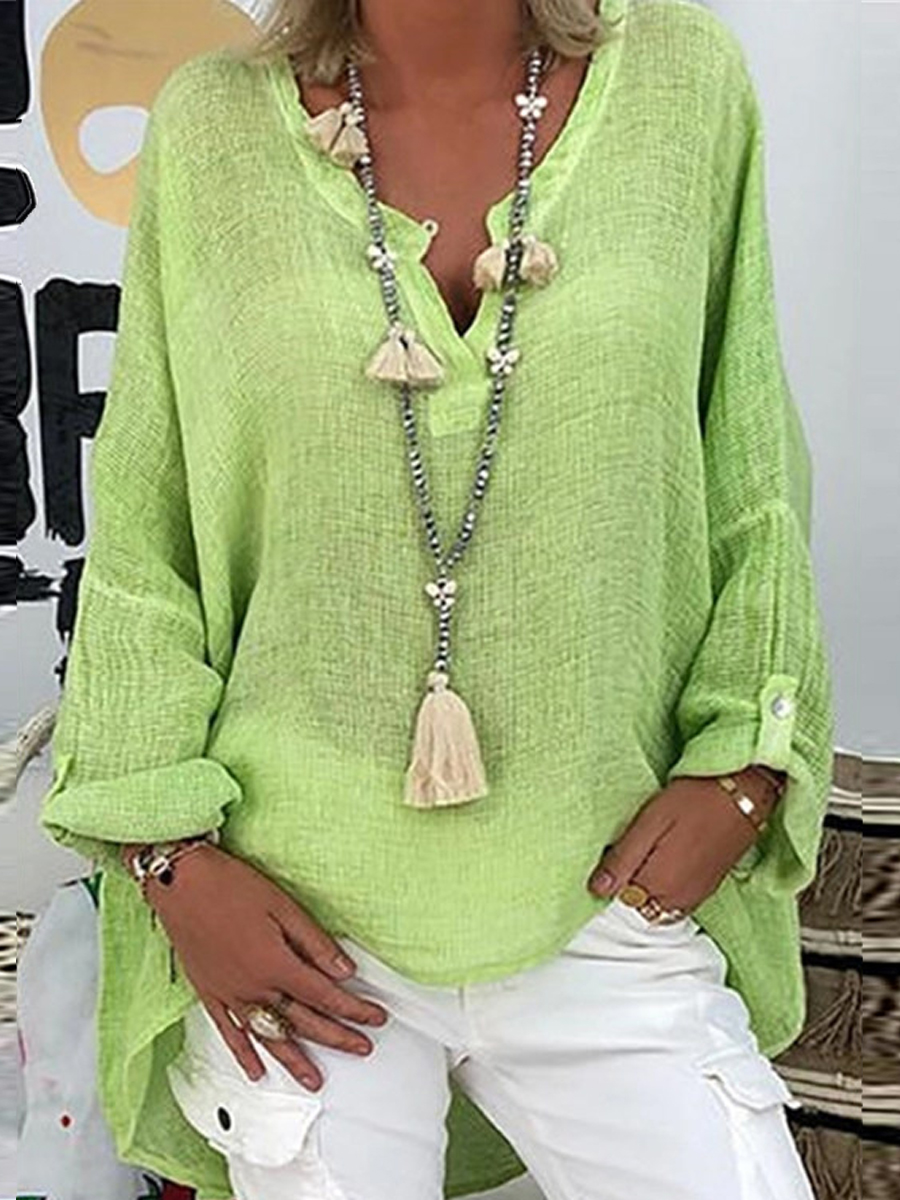 Loose Casual Solid Color V-Neck Long Sleeve Blouse