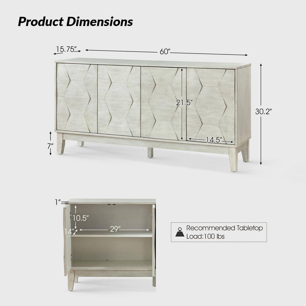 JAYDEN CREATION Kamis Modern White 60 in. Hexagonal Embellishments Sideboard with Solid Wood Legs SBHM0574-WHITE