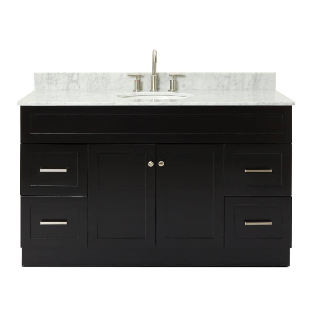 ARIEL Hamlet 55 in. W x 22 in. D x 36 in. H Bath Vanity in Black with Carrara White Marble Vanity Top with White Basin F055SCW2OVOBLK