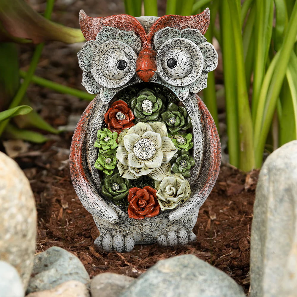 Garden Statue Owl Figurine - Resin Statue with Solar LED Lights for Patio Yard Art Decor, Lawn Ornaments, Indoor Outdoor Decorations