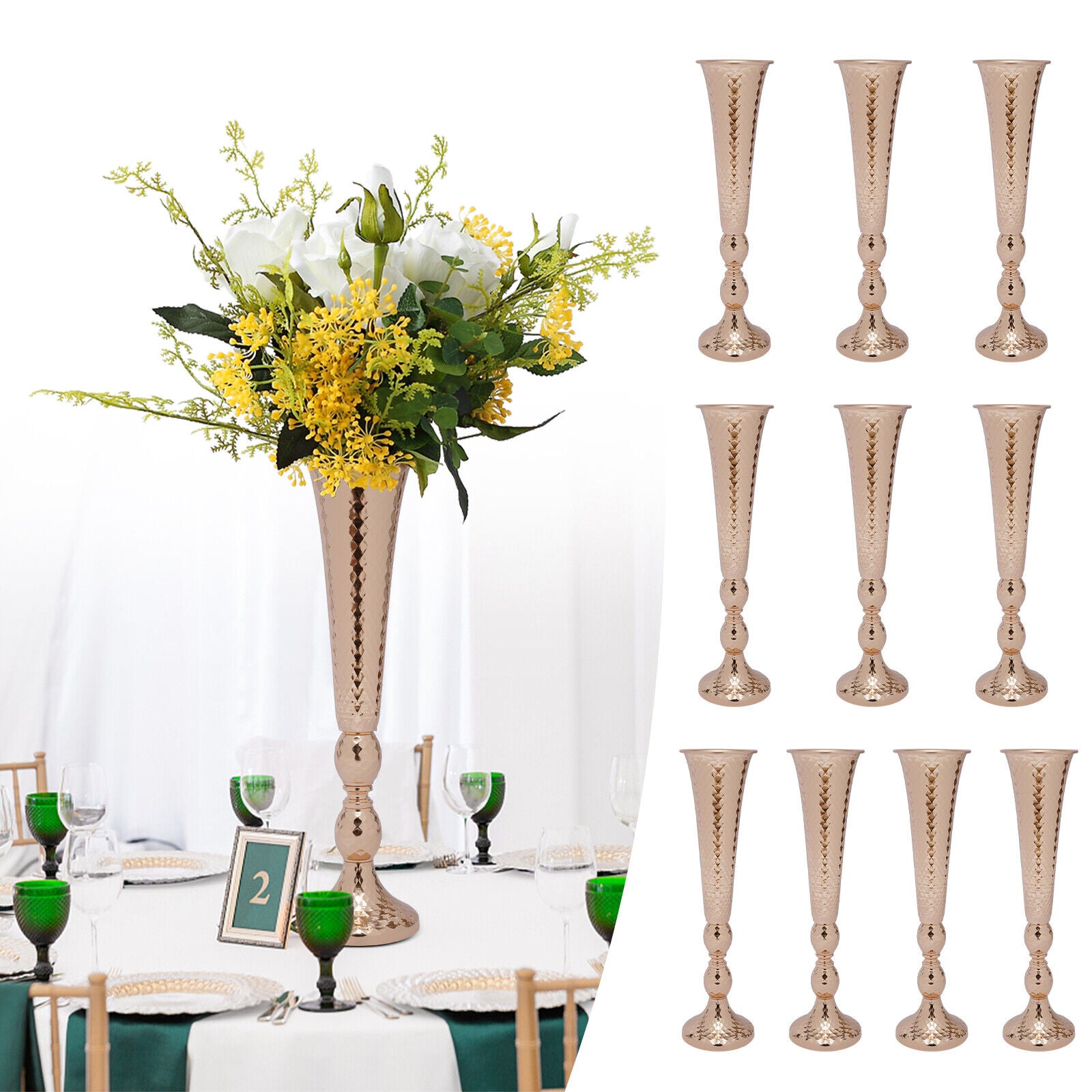 Oukaning 10 Pcs Wedding Centerpieces Vases Metal Trumpet Vase Desktop Decoration Vase Golden