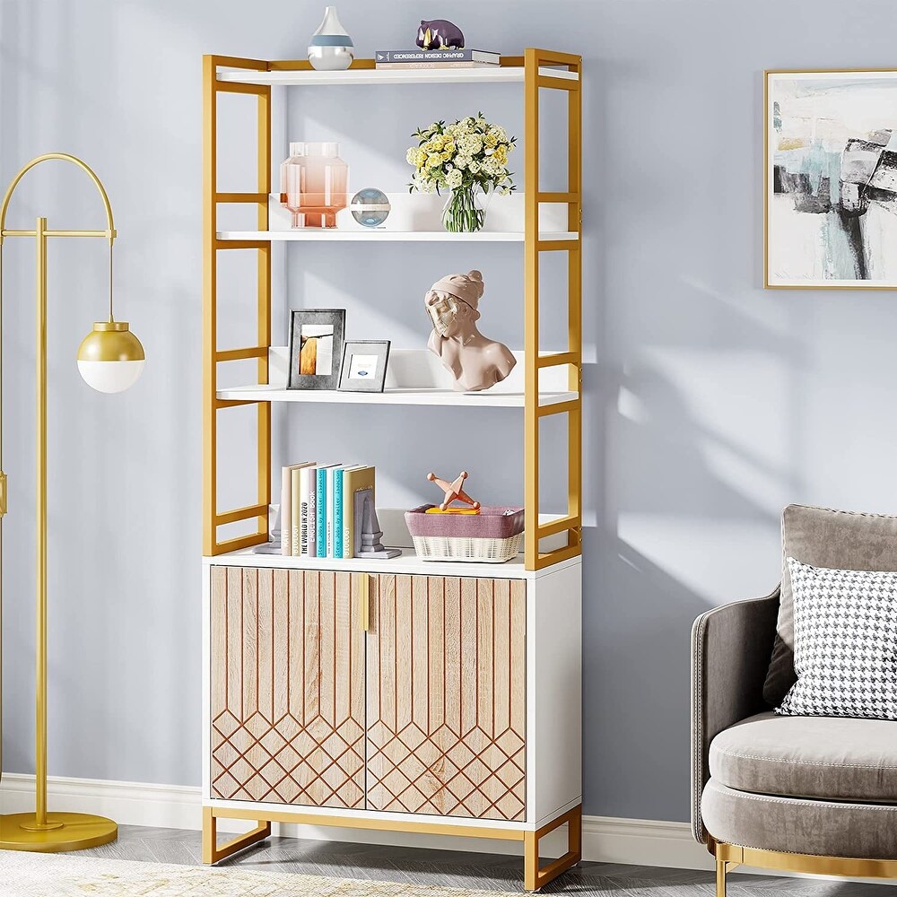 Gold and White Bookshelf with Doors  70.8 Inch Tall Modern Etagere Bookcase with Storage Cabinet for Home Office