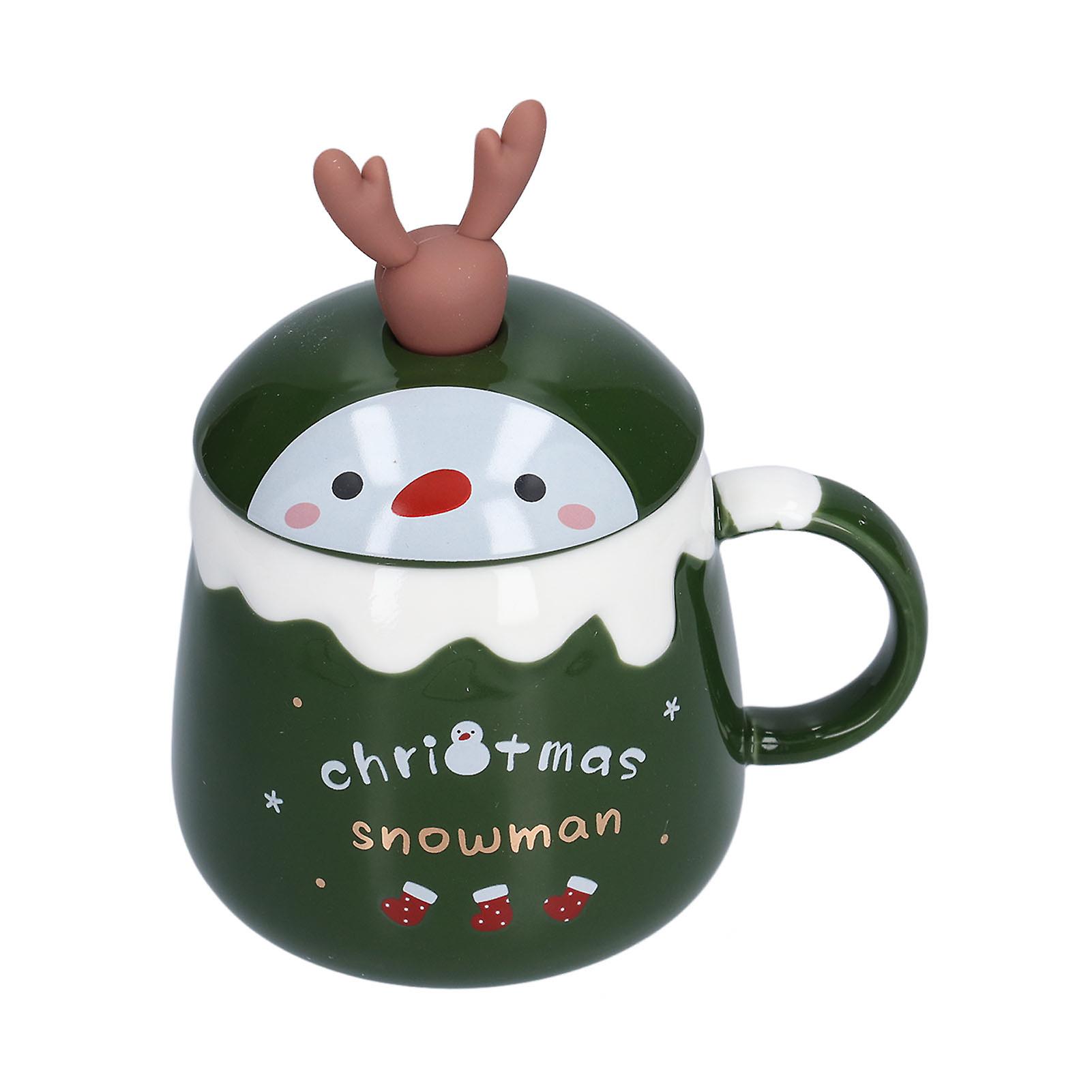 450ml Christmas Cup Cute Elk Coffee Mug Ceramic Tea Milk Cup with Lid Spoon for OfficeType D Green