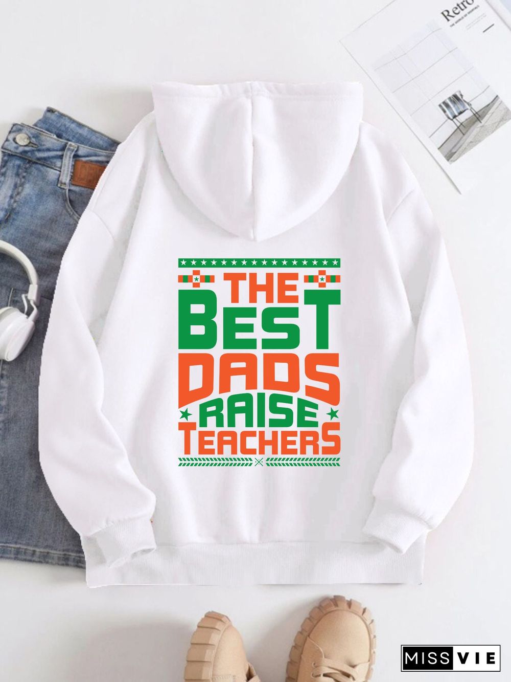 Printed on the Back Kangaroo Pocket Hoodie Long Sleeve for Women Pattern the best daos raise teachers