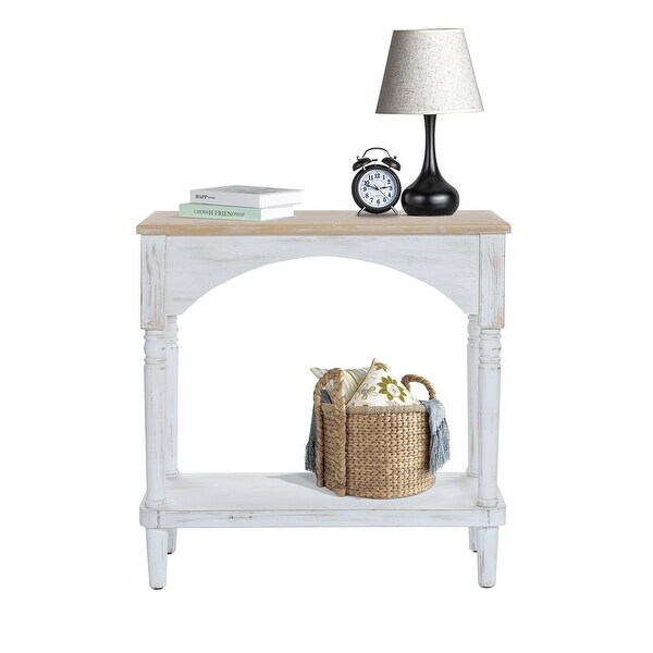 Farmhouse White and Natural Wood Rectangular Console Table， Open Shelf Storage - 32.25