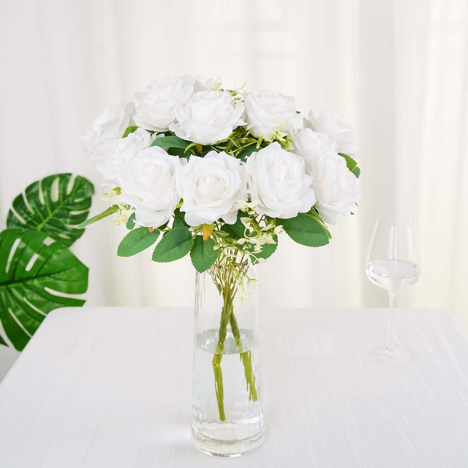 2 Bushes White Artificial Silk Rose Flower Arrangements, Real Touch Long Stem Flower Bouquet 18