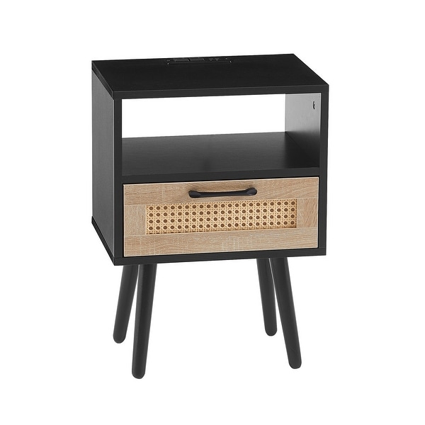 Modern Side table with Drawer and Solid Wood Legs，Rattan Nightstand with Power Outlet and USB Ports