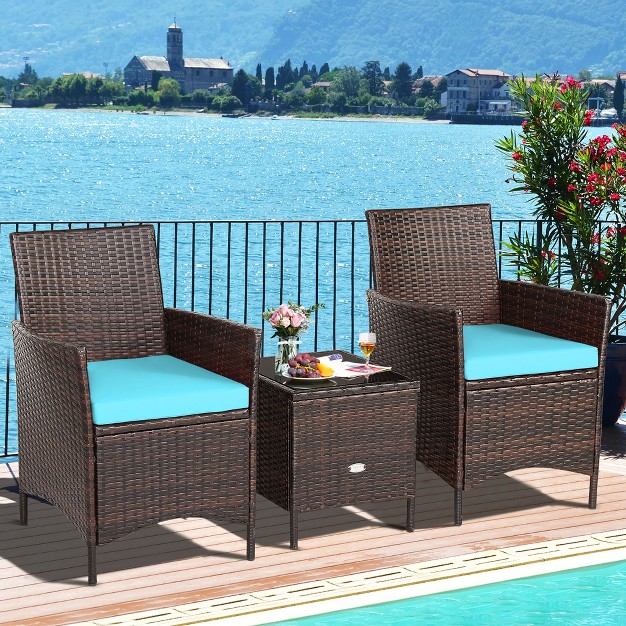 Costway 3pcs Patio Rattan Furniture Set Cushioned Sofa Glass Tabletop Deck Red blue White