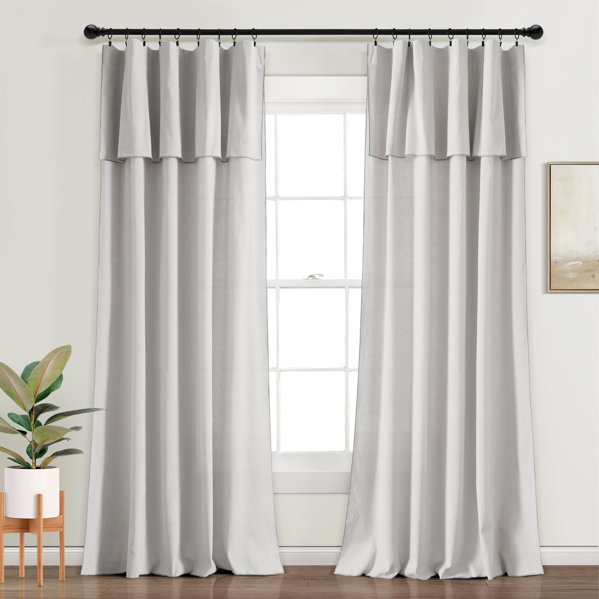 Modern Faux Linen Embroidered Edge With Attached Valance Window Curtain Panel Set