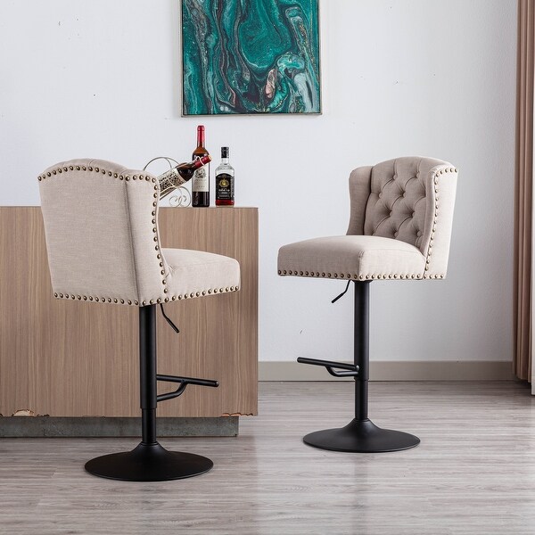 Swivel Bar Stools Chair Set of 2 Adjustable Counter Height Linen Upholstered Stool with Tufted Wing Back in Cream