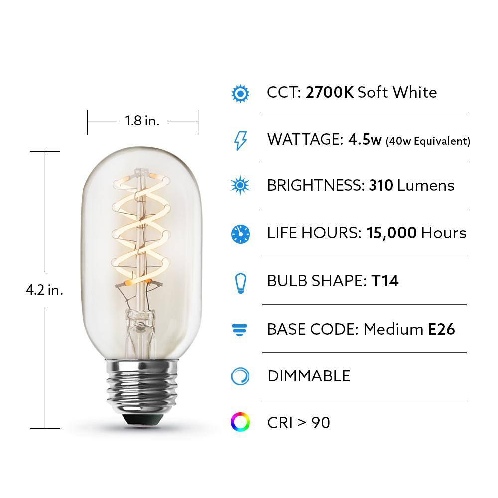 Feit Electric 40-Watt Equivalent T14 Dimmable Spiral Filament Clear Glass E26 Vintage Edison LED Light Bulb Soft White T1440SCL927CAHDRP