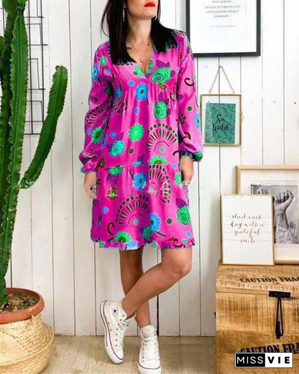 Floral Printed Long Sleeve Bohemian Women Mini Dresses