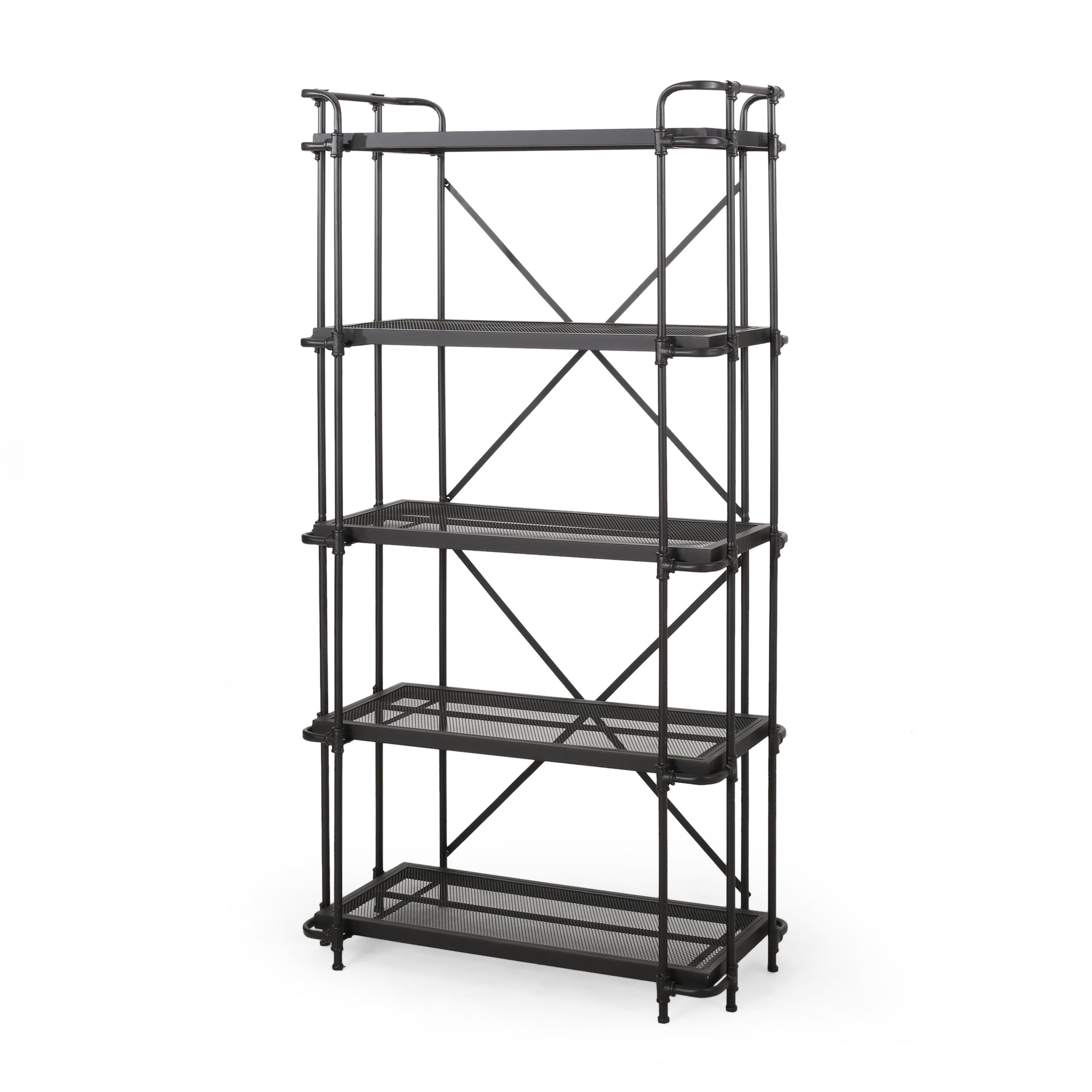 Kayla Indoor/Outdoor Industrial Iron Mesh 5 Shelf Bookcase, Matte Black