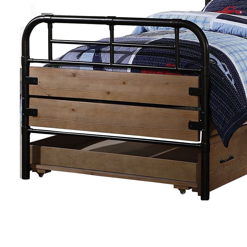 Industrial Style Metal and Wood Twin Size Bed with Slated Headboard， Black and Brown