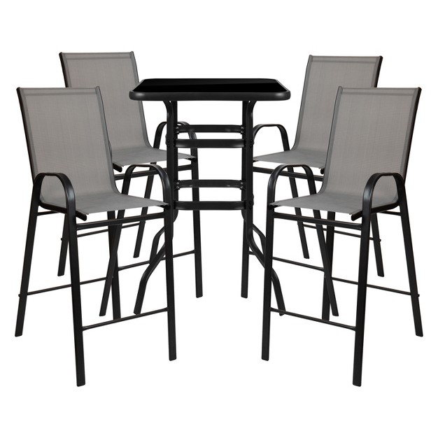 Emma And Oliver 5 Piece Outdoor Bar Height Set glass Patio Bar Table all weather Barstools