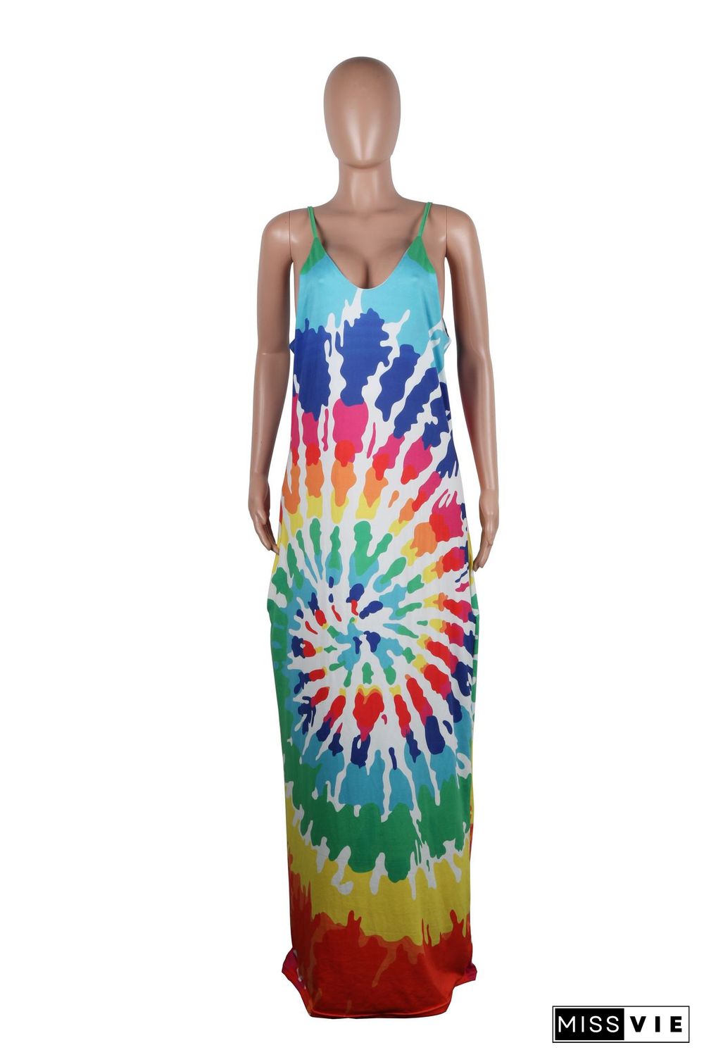 Fashionable Contrast Printing Loose Floor-Length Halter Dress