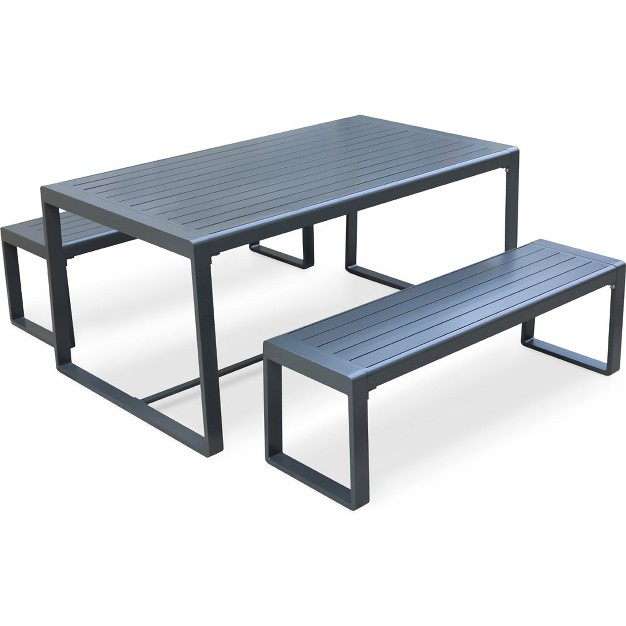 Aoodor Outdoor 3 piece Aluminum Picnic Table Set Rectangular Patio Dining Table With Benches