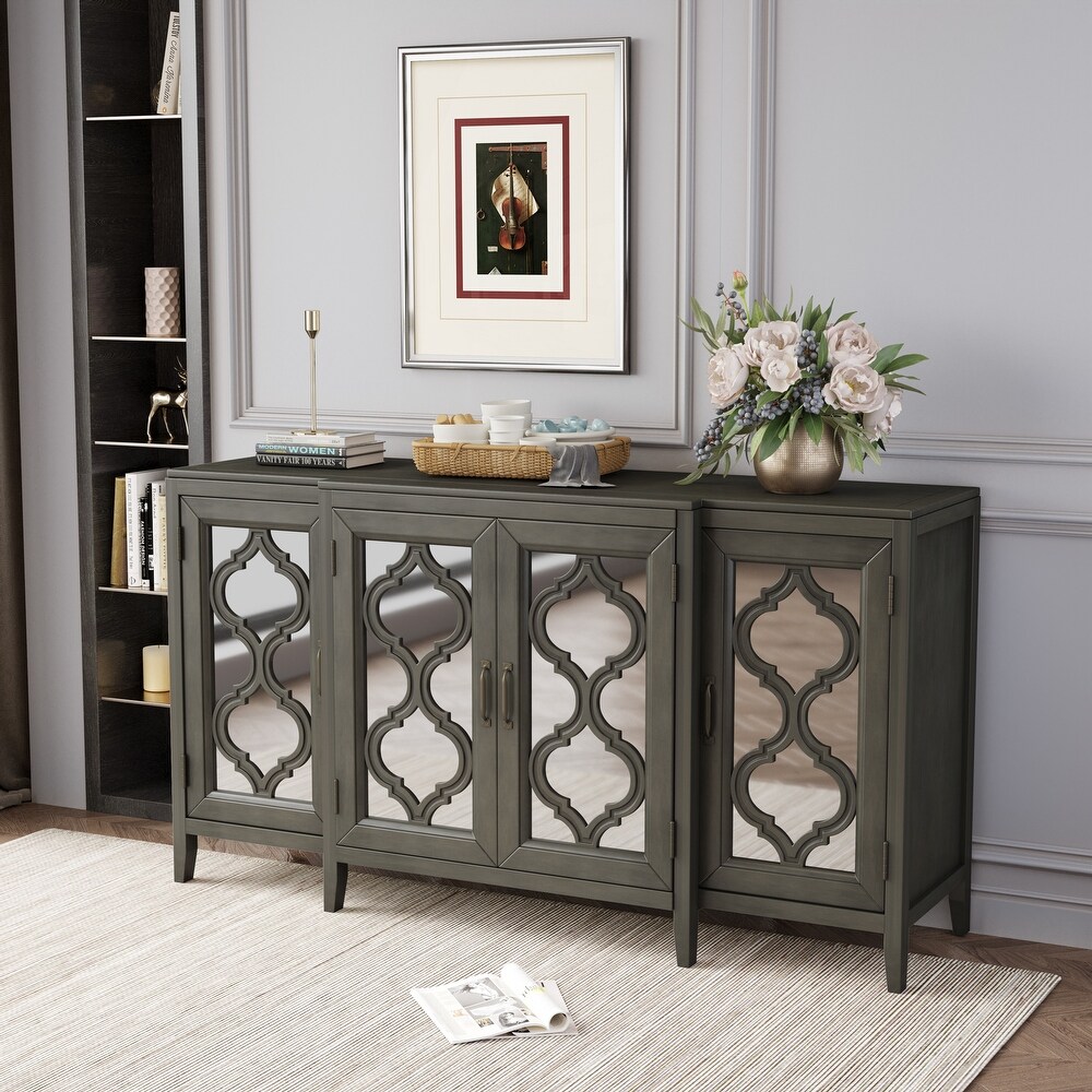 Modern Mirrored Console Table with 4 Cabinets and 3 Adjustable Shelves