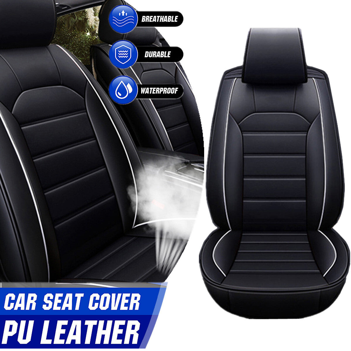 1 Piece Leather Car Seat Cover Front Seat Covers for Cars Waterproof Cushion Pad Automotive Covers for Most SUVs Sedan Truck Cars， Black