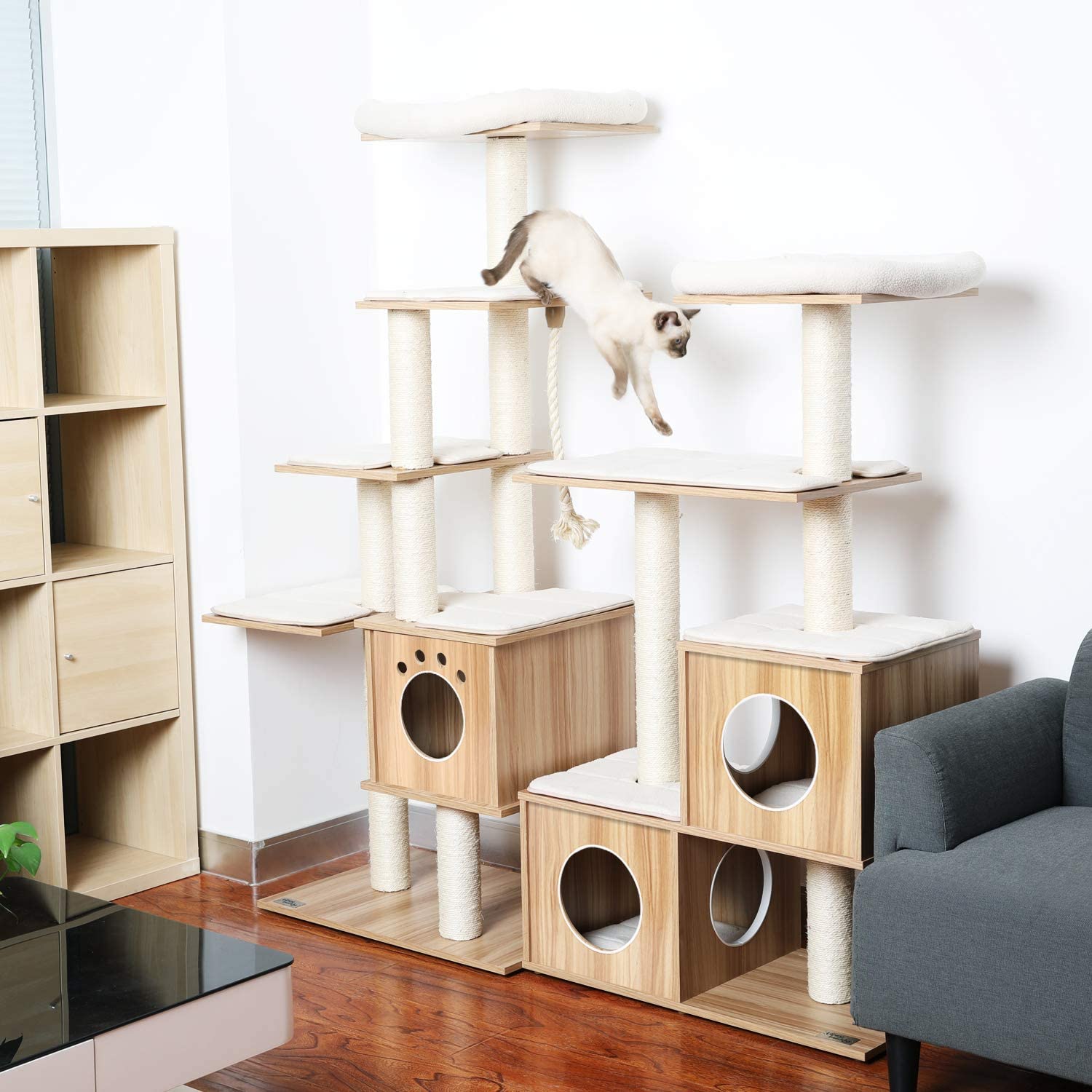 LAZY BUDDY 67'' Cat Tree Condo Multi-Level Wood Cat Tower with Scratching Post， Washable Cushion