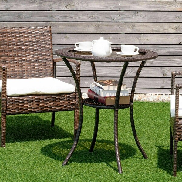 Gymax Round Rattan Wicker Coffee Table Glass Top Steel Frame Patio