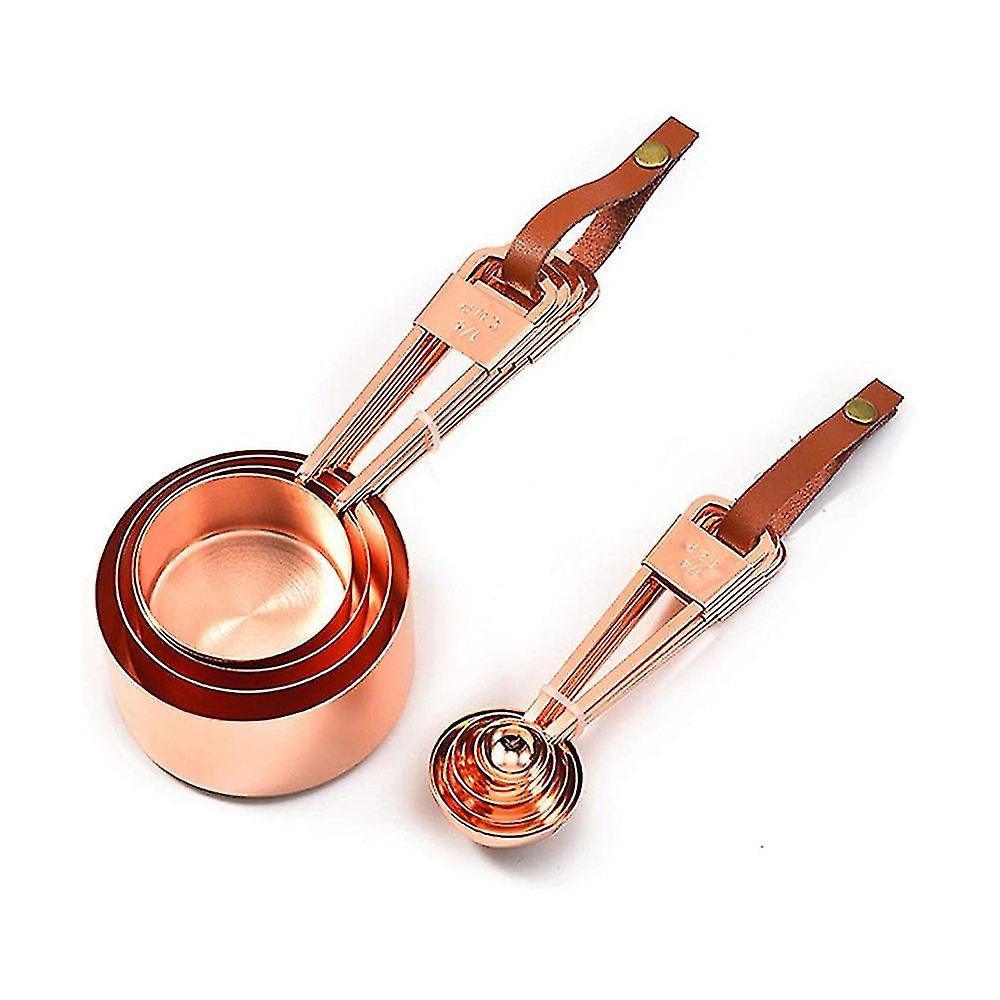 8 Measuring Cups And Spoons Made Of Rose Gold Plated Stainless Steel. Dishwasher Safe. Kitchen Measuring Tools With A Wide Handle