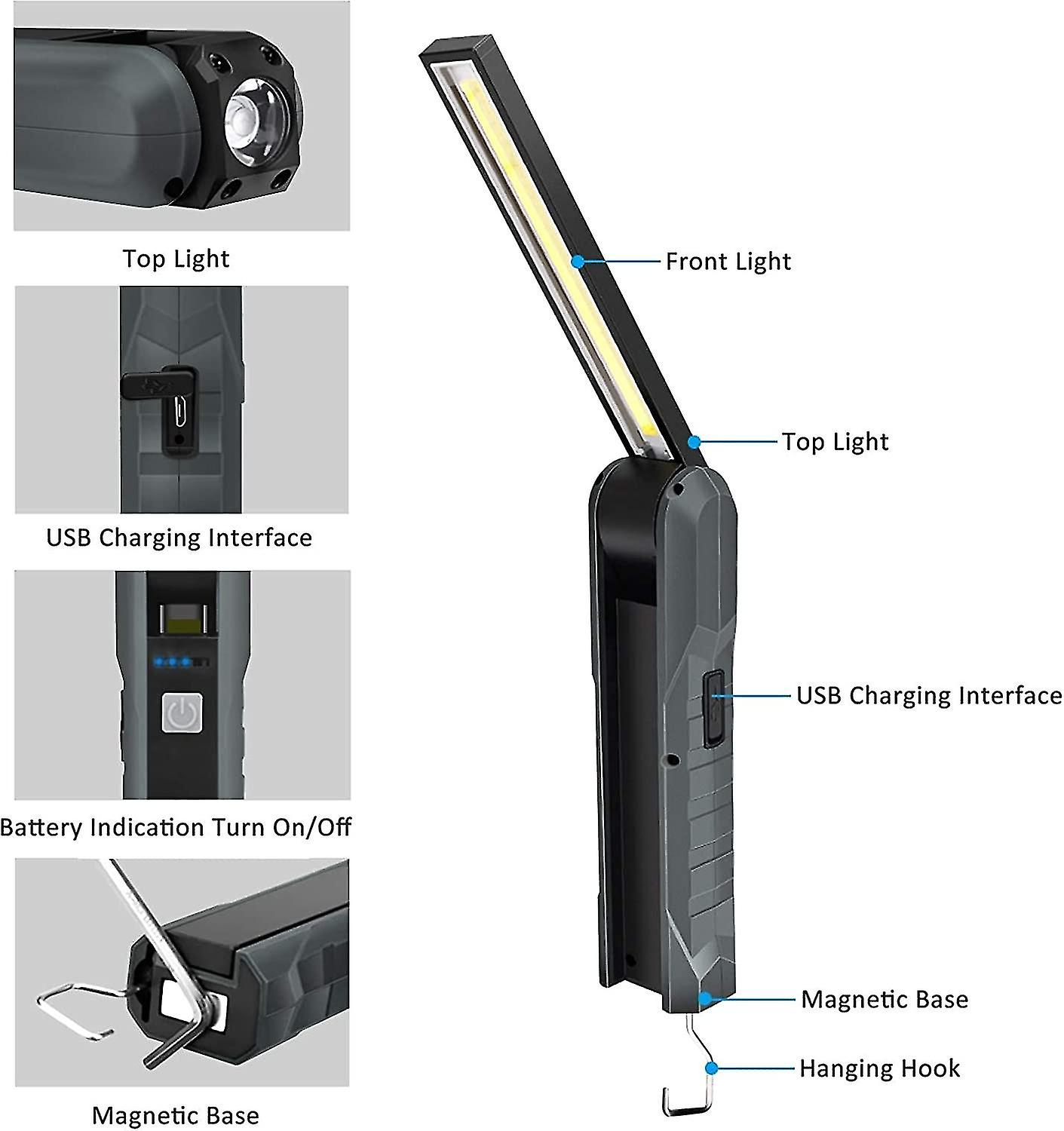 2 Pieces Rechargeable Led Work Light， 5 Modes Work Light Mechanic Light Foldable Torch Light With Magnetic Base Inspection Light For Camping， Automoti