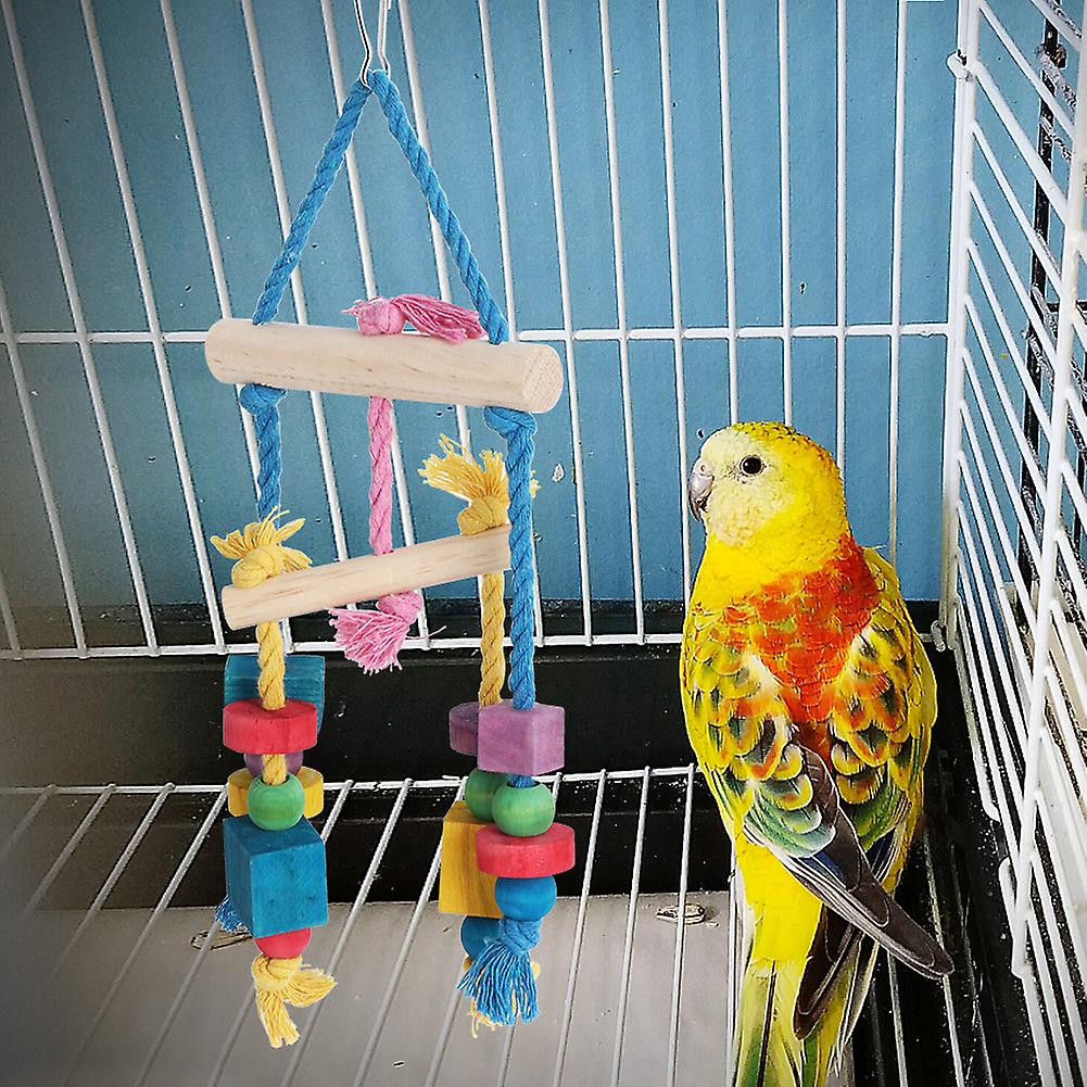 Colorful Wood Block Biting String Cotton Rope Balance Hanging Chewing Playing Bird Toy Parrots Swing Supplies Accessory