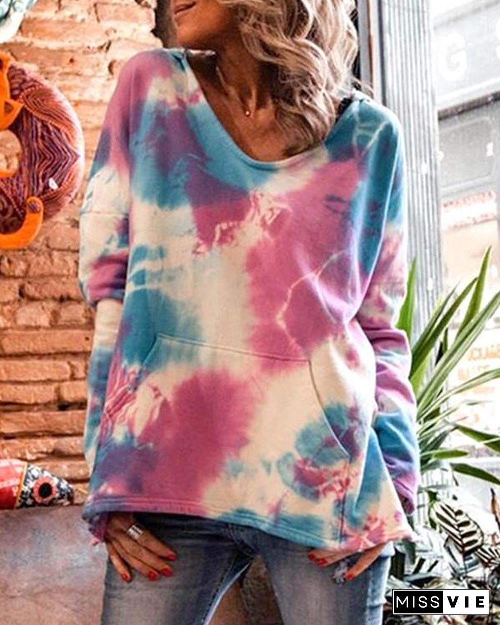 Women's Fashion Tie Dye Pocket Hoodie Sweatshirt