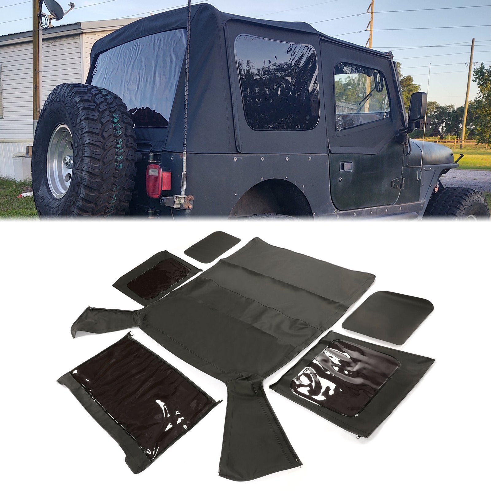 Kojem Replacement Soft Top for 87 88 89 90 91 92 93 94 95 Jeep Wrangler YJ Convertible Upper Door Skins W/Tinted Windows