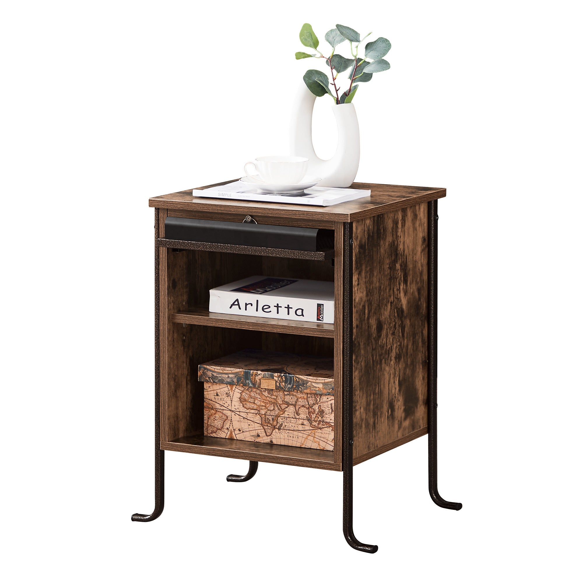 VECELO Nightstand with Pull-out Shelf and Mesh Cabinet, Side End Table for Bedroom, Living Room, Brown