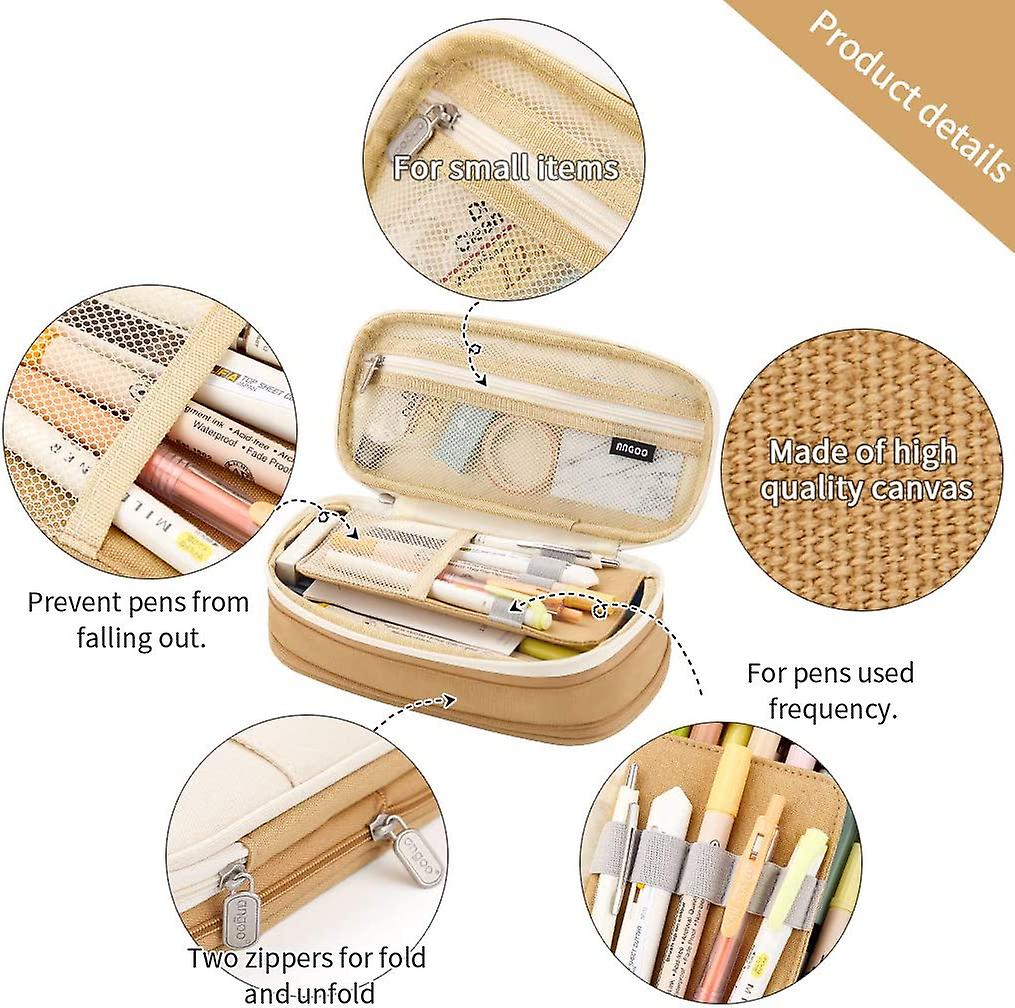 Big Capacity Pencil Pen Case Office College School Large Storage High Capacity Bag Pouch Holder Box Organizer Khaki+cream