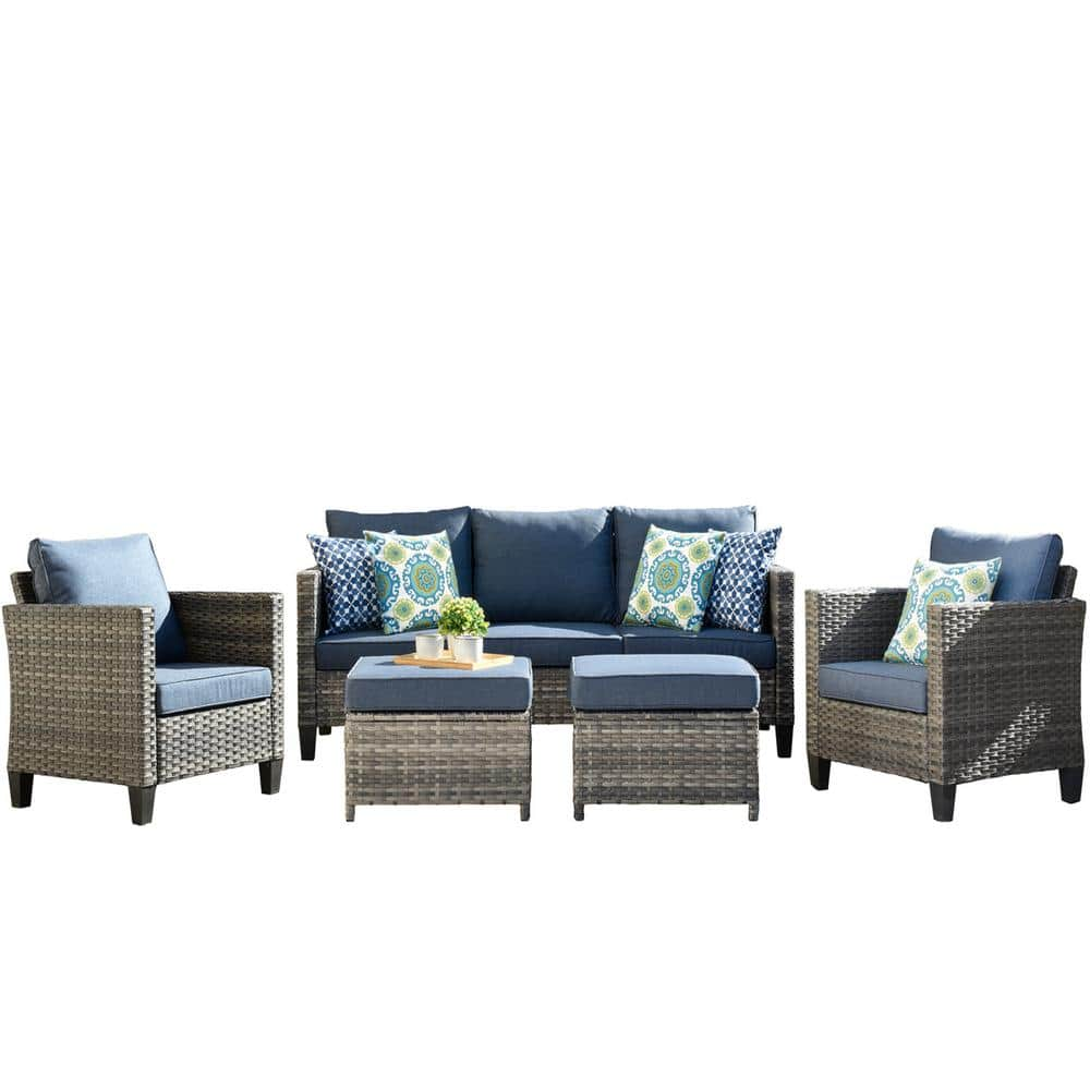 XIZZI Megon Holly Gray 5-Piece Wicker Outdoor Patio Conversation Seating Sofa Set with Denim Blue Cushions GRS305HDDB