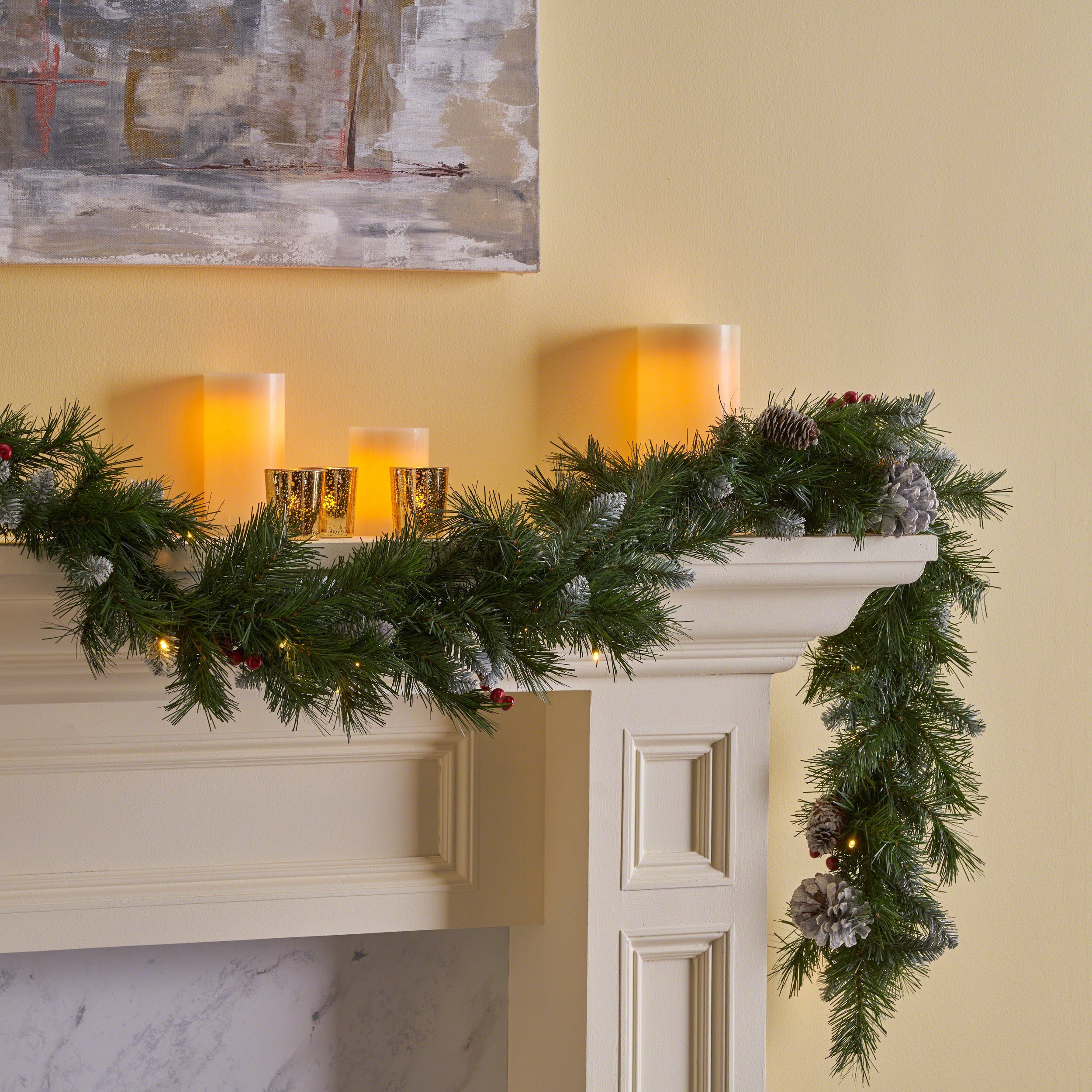 9-foot Mixed Spruce Pre-Lit Warm White LED Artificial Christmas Garland with Frosted Branches, Red Berries and Pinecones