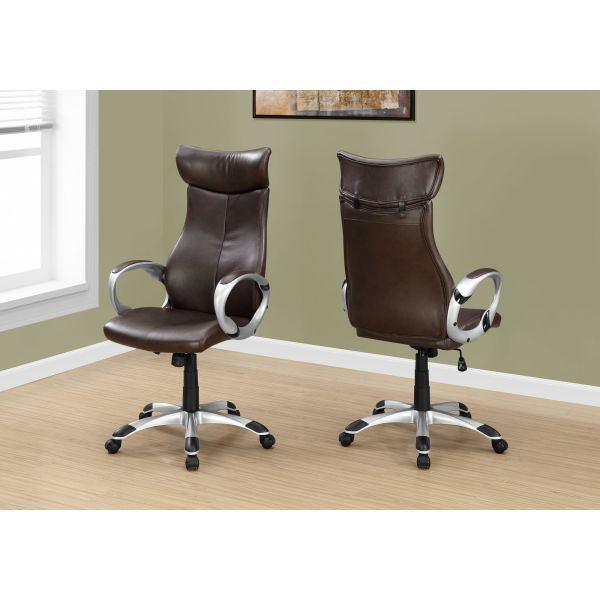 Office Chair， Adjustable Height， Swivel， Ergonomic， Armrests， Computer Desk， Work， Brown Leather Look， Grey Metal， Contemporary， Modern