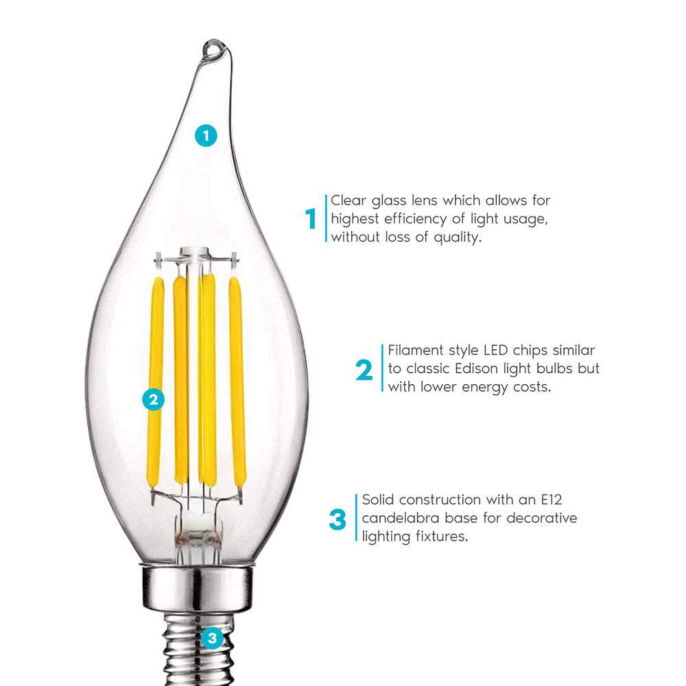 LUXRITE 60-Watt Equivalent CA11 Dimmable Vintage Edison LED Light Bulb Flame Tip Clear Glass 3000K Soft White (24-Pack) LR21595-24PK