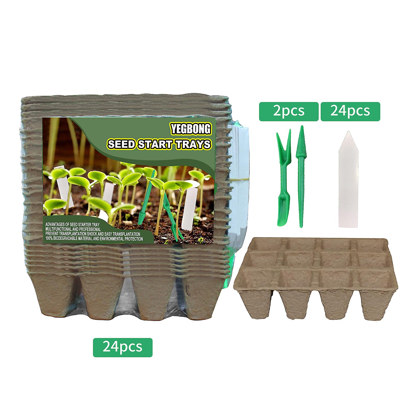 Yegbong 24pcs Seed Starter Trays Kit 12 Cells Biodegradable Pots For Planting Seeds Organic Plant Starter Kit With Plant Labels Transplanting Tools  2