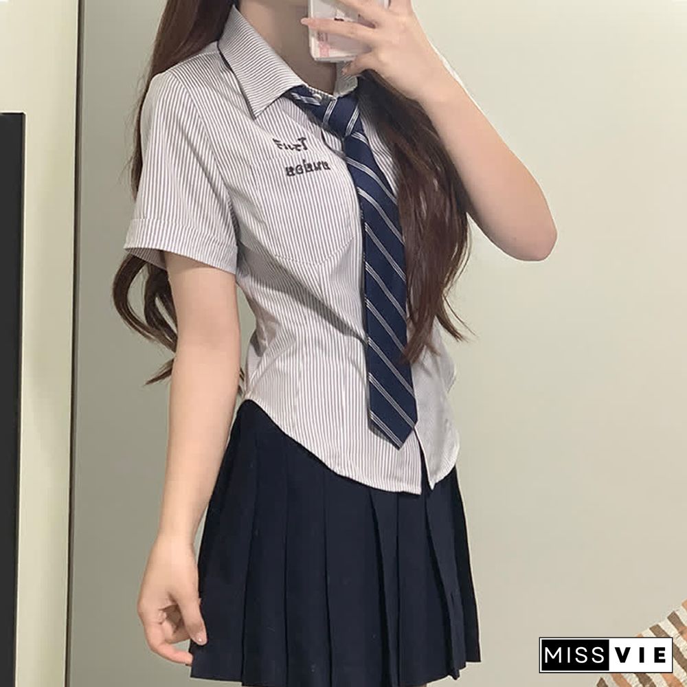 Letter Embroidery Stripe Tie Polo T-Shirt Pleated Skirt JK Uniform