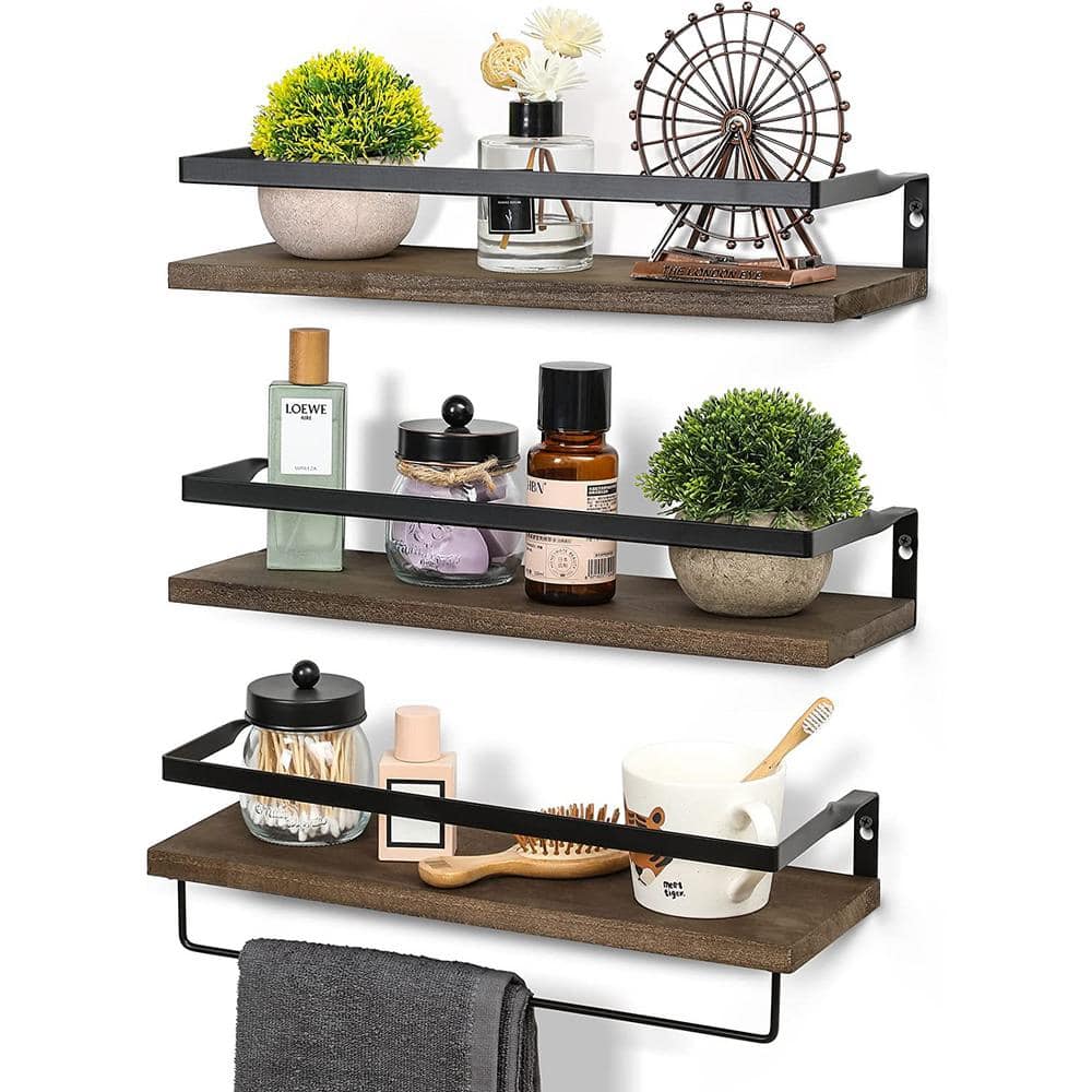 Indoor and Outdoor Dark Brown Wooden Wall Mounted Plant Shelves with 1 Towel Bar， Storage Organizer (Set of 3) B09YNJJVVB