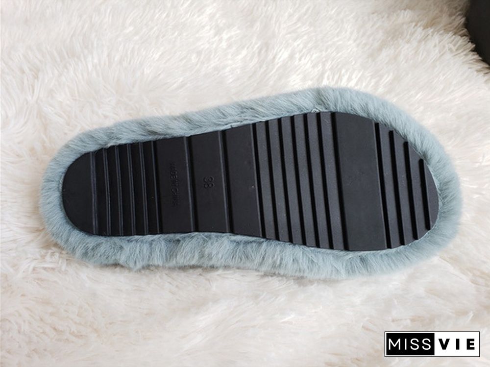 New Matte Gold Chain Decorate Female Fluffy Fur Slides Plush Warm Slippers Luxury Slippers Slip-On Thick Bottom Women