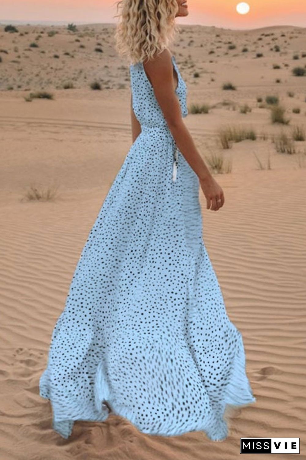 V Neck Dot Printed Floor Length Dress(3 Colors)